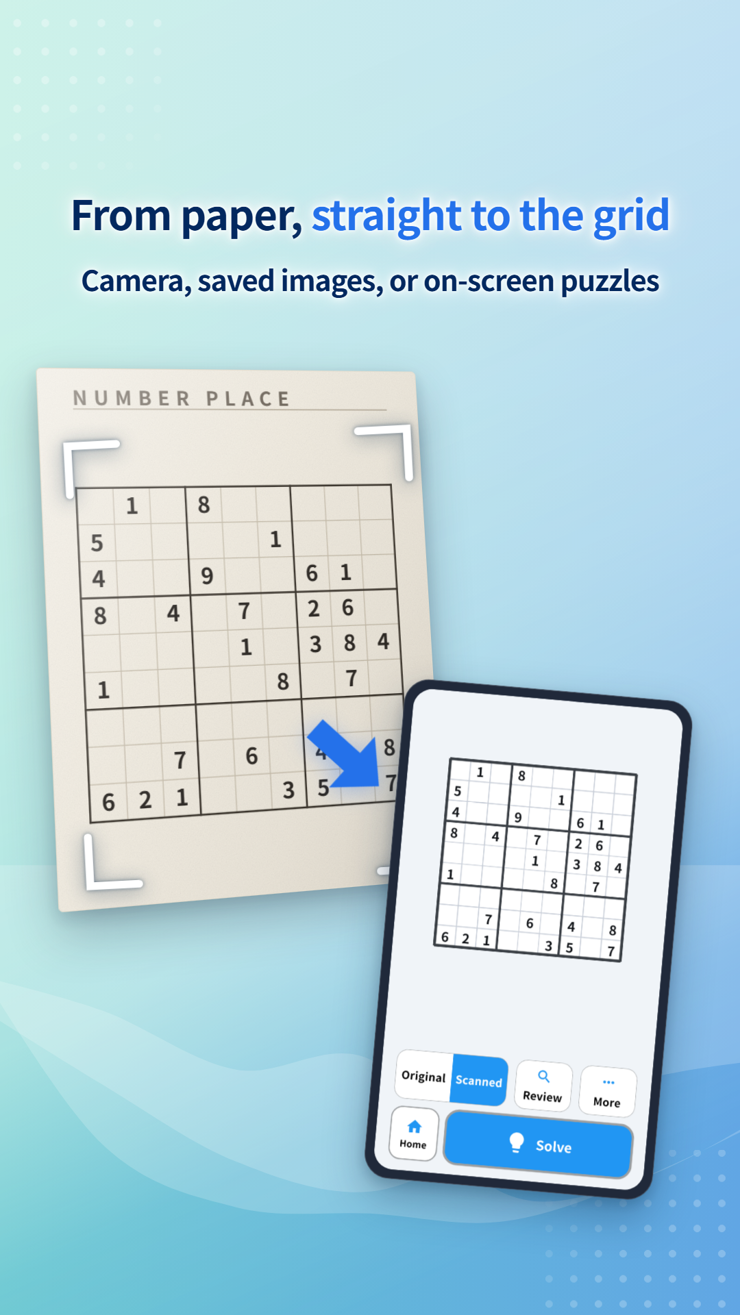 A paper puzzle being photographed and turned into a grid in the app