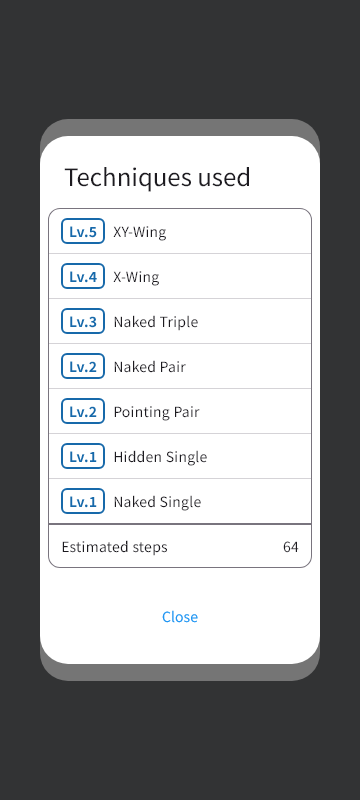 List of techniques used and the estimated number of steps